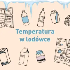 Ilustracja z otwartą lodówką, napojami, mlekiem, dżemem i ananasem.