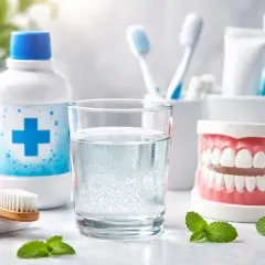 Igiene orale: collutorio, bicchiere d'acqua frizzante, dentifricio, spazzolini e un modello di denti per sciacqui con acqua ossigenata.