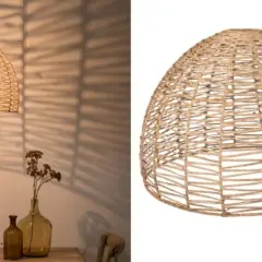Lámpara colgante de ratán con un diseño abierto que proyecta sombras decorativas.