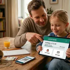 Vater und Tochter schauen auf ein Tablet, das ein kinder sparkonto zeigt. Sie planen das Sparen für ein Fahrrad.
