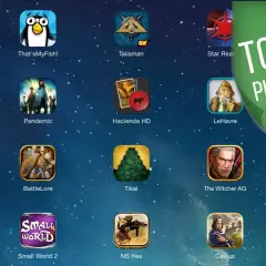 Kolekcja ikon gier na iPada, w tym Galaxy Trucker, Pandemic i The Witcher AG. Zielona nakładka z napisem "TOP-100 PLANSZÓWEK" sugeruje ranking najlepszych gier planszowych.