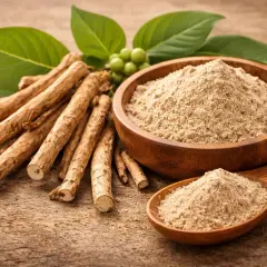 Radici e polvere di ashwagandha su fondo di legno. Informazioni su ashwagandha effetti collaterali.