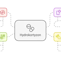 Schemat przedstawia hydrokortyzon: działanie (przeciwzapalne, przeciwalergiczne), zastosowania (reakcje alergiczne, stany zapalne), produkty (kremy, maści) i przeciwwskazania (wiek, nadwrażliwość).