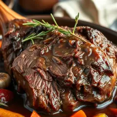 Un généreux jarret de boeuf braisé, nappé d'une sauce riche, servi avec des carottes et des herbes aromatiques.