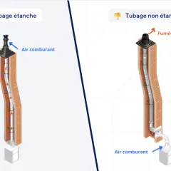 Comparaison de deux systèmes d'évacuation : tubage étanche pour chaudière à condensation (air comburant aspiré, fumées évacuées) vs tubage non étanche.