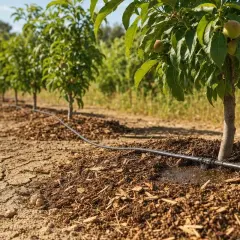 Ligne de jeunes pruniers en culture irriguée, avec des fruits naissants sur l'arbre le plus proche.