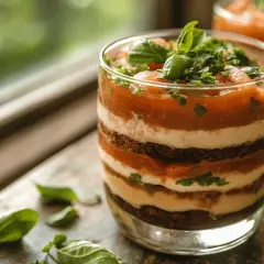 Un tiramisu salé gastronomique en couches, garni de basilic frais. Une création culinaire audacieuse et savoureuse.