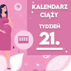 Kobieta w 21 tygodniu ciąży, z zaokrąglonym brzuszkiem, obok kalendarza.