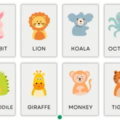 Tarjetas educativas con dibujos de animales en inglés: conejo, león, koala, pulpo, cocodrilo, jirafa, mono y tigre.