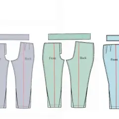 Four figures wear different colored trouser legs. Next to them are sewing patterns for front and back trouser legs in grey, green, blue, and purple.
