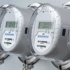 Fila de contadores de luz inteligentes con pantallas digitales mostrando el consumo de energía.