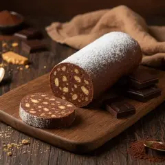 Un delizioso salame dolce al cioccolato, cosparso di zucchero a velo, su un tagliere di legno, con biscotti e cioccolato intorno.