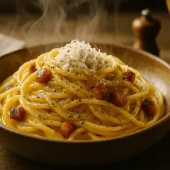 Spaghetti carbonara fumant dans un bol en bois, garni de lardons et de parmesan râpé.