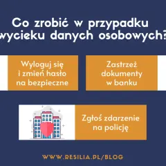 Grafika informuje o ochronie prywatności: wyloguj się, zmień hasło, zastrzeż dokumenty w banku, zgłoś zdarzenie na policję.