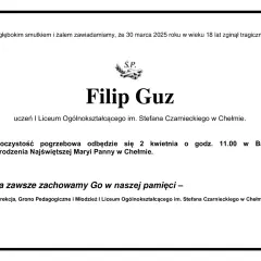 Kondolencje z informacją o pogrzebie Filipa G. ucznia I Liceum Ogólnokształcącego w Chełmie.