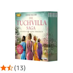 Die komplette "Die Tuchvilla Saga" von Anne Jacobs, eine wahre Begebenheit, als Hörbuch-Box. Vier Frauen blicken auf die Villa.
