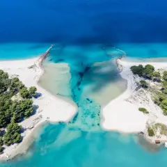 Rajska plaża na Sithonii, z turkusową wodą, białym piaskiem i sosnowym lasem.