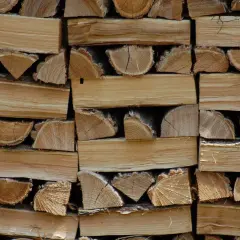 Gestapeltes Brennholz, Eichenholz mit gutem Brennwert, bereit für den Winter.