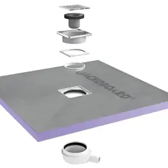 Composants d'un receveur à carreler Jackoboard, prêts pour une installation facile et une douche moderne.
