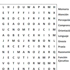 Una sopa de letras con términos cognitivos como "Memoria", "Atención" y "Lenguaje".