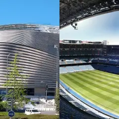 Santiago Bernabéu, stadion Realu Madryt, w trakcie modernizacji. Widok zewnętrzny i wnętrze z murawą. Pojemność stadionu Realu Madryt robi wrażenie.