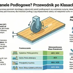 Wybierając panele, zwróć uwagę na klasę ścieralności AC5, która zapewnia wysoką trwałość. Tabela pokazuje, jak dopasować klasę do pomieszczenia.