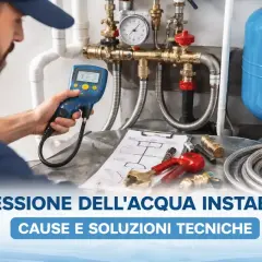 Un tecnico controlla la pressione dell'acqua con un manometro. Sul tavolo, strumenti e schemi per risolvere problemi di pressione.