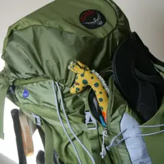 Zielony plecak bob z pluszową żyrafką i klapkami gotowy na przygodę.