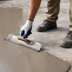 Operaio con guanti e cazzuola livella il cemento fresco per come livellare un pavimento.