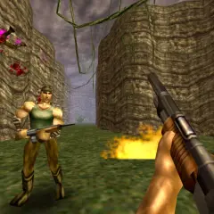 Turok walczy z wrogami w dżungli, strzelając z broni.