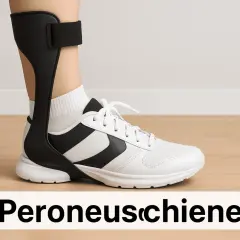 Ein Bein mit einer Peroneusschiene und weißem Schuh für einen sicheren Gang.