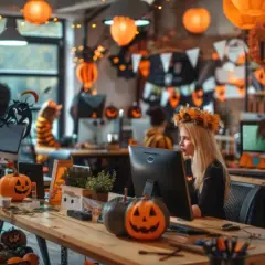 Bureau décoré pour Halloween, citrouilles et guirlandes lumineuses créent une ambiance festive.