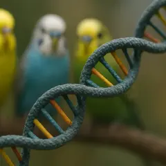Kolorowe papużki faliste, różne gatunki papug, na tle modelu DNA.