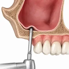 Ilustración de elevación de seno maxilar, mostrando un instrumento dental elevando la membrana sinusal para crear espacio para el injerto óseo.