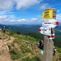 Wspaniała wycieczka w Bieszczady! Widok z Połoniny Caryńskiej na malownicze pasma górskie.