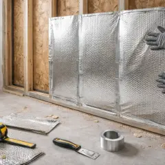Pose d'une isolation thermique intérieure mince sur un mur en bois. Outils de pose au sol.