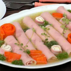 Szynka zawijana z farszem chrzanowym, udekorowana różyczkami z marchewki i natką pietruszki, w galarecie.