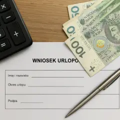 Formularz "Wniosek urlopowy" z polskimi banknotami i kalkulatorem. Pytanie: czy na umowie zlecenie jest urlop?