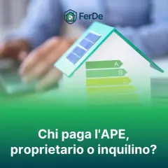 Modello di casa con pannelli solari e scala di efficienza energetica. La domanda chiave: certificato APE, chi lo paga? Proprietario o inquilino?