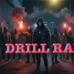 Grupa zamaskowanych osób z flarami, centralnie postać w kapturze z maską czaszki. Napis "DRILL RAP" sugeruje jeden z rodzajów rapu.