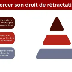Schéma expliquant le droit de rétractation. Il détaille les étapes, y compris le **délai de remboursement** sous 14 jours après achat ou retour.