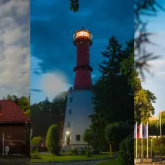 Trzy różne latarnie morskie: jedna biało-czerwona na tle chmur, druga czerwona nocą, trzecia ceglana z flagami.