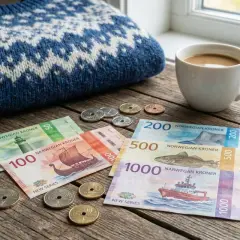 Norweskie banknoty i monety leżą obok kubka kawy i swetra. Zastanawiasz się, co z koroną norweską?