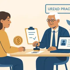 Urzędnik w Urzędzie Pracy rozpatruje wniosek o zasiłek dla bezrobotnych. Kobieta czeka na decyzję.