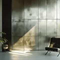 Un fauteuil en cuir noir et une plante verte devant un mur de panneaux de métal zinc patiné, éclairé par un rayon de soleil.