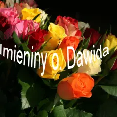 Kolorowy bukiet róż z napisem "Imieniny o. Dawida".