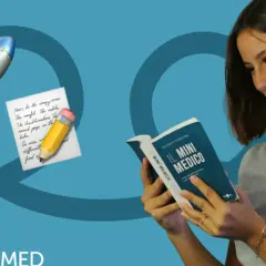 Giovane legge "Il Mini Medico", un libro che apre le porte alle **specializzazioni dopo medicina**. Un razzo simboleggia il decollo della carriera.
