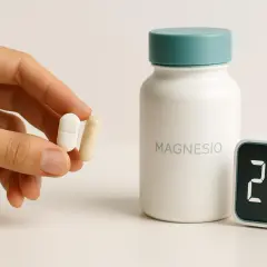 Mano tiene due capsule di magnesio. Accanto, un flacone di magnesio e un orologio digitale segnano le 22:00, suggerendo il momento ideale per l'assunzione.