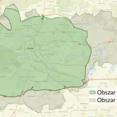 Mapa Krakowa z zaznaczonym obszarem SCT i obszarem miasta, pokazująca zasięg strefy czystego transportu, która ma na celu poprawę norm spalin w Krakowie.