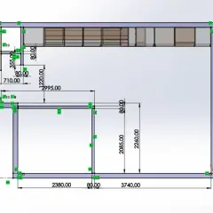 Projekt kuchni z wymiarami, uwzględniający otwór pod płytę indukcyjną.